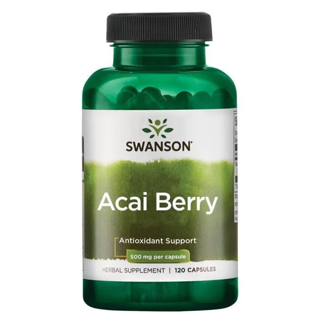 #Acai bær illlustreret ved et grønt pilleglas fra swanson med påskriften Acai Berry, Antioxidant Support.