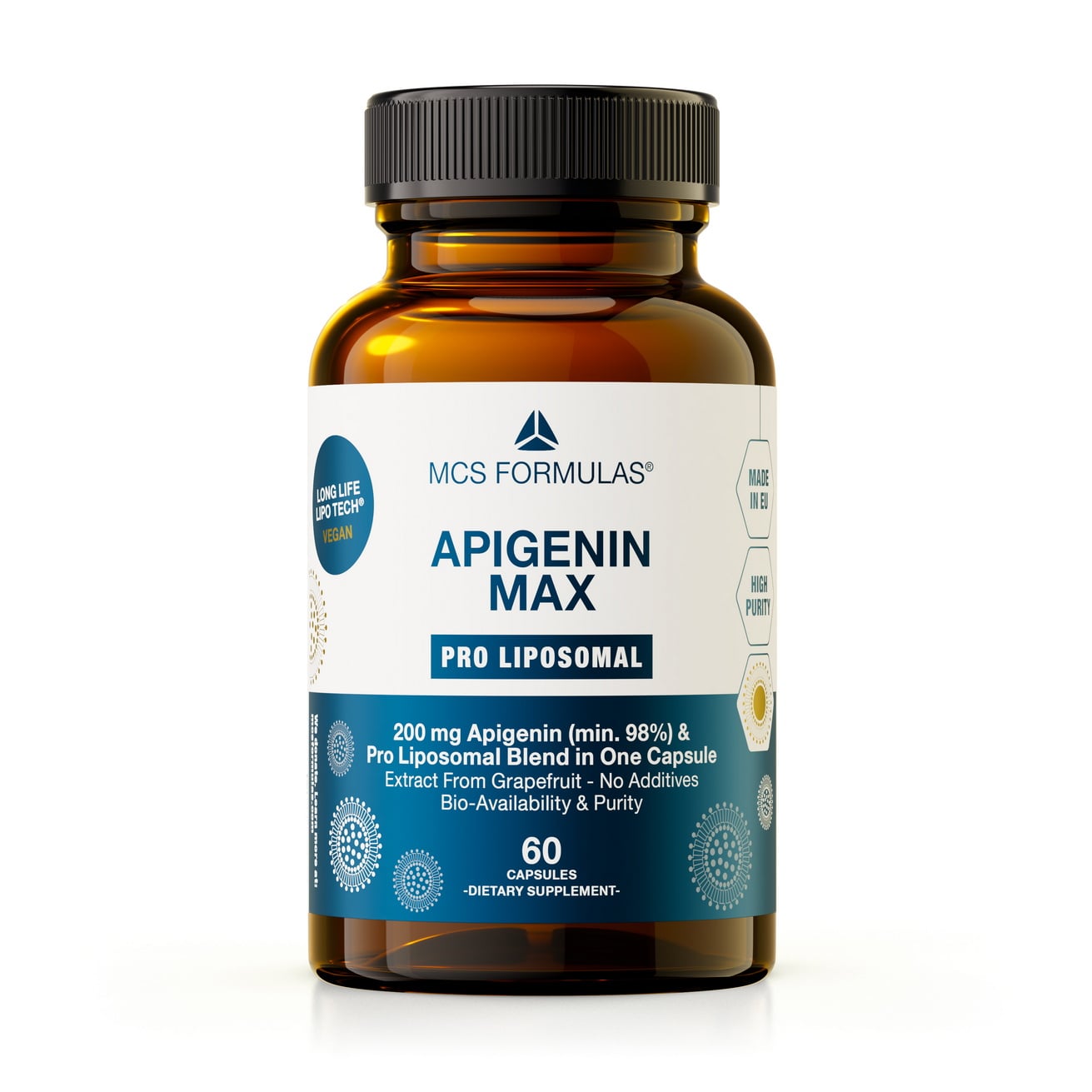 #Apigenin illustreret ved brunt pilleglas fra MCS Formulas med teksten Apigenin Max, Pro Lipsomal..