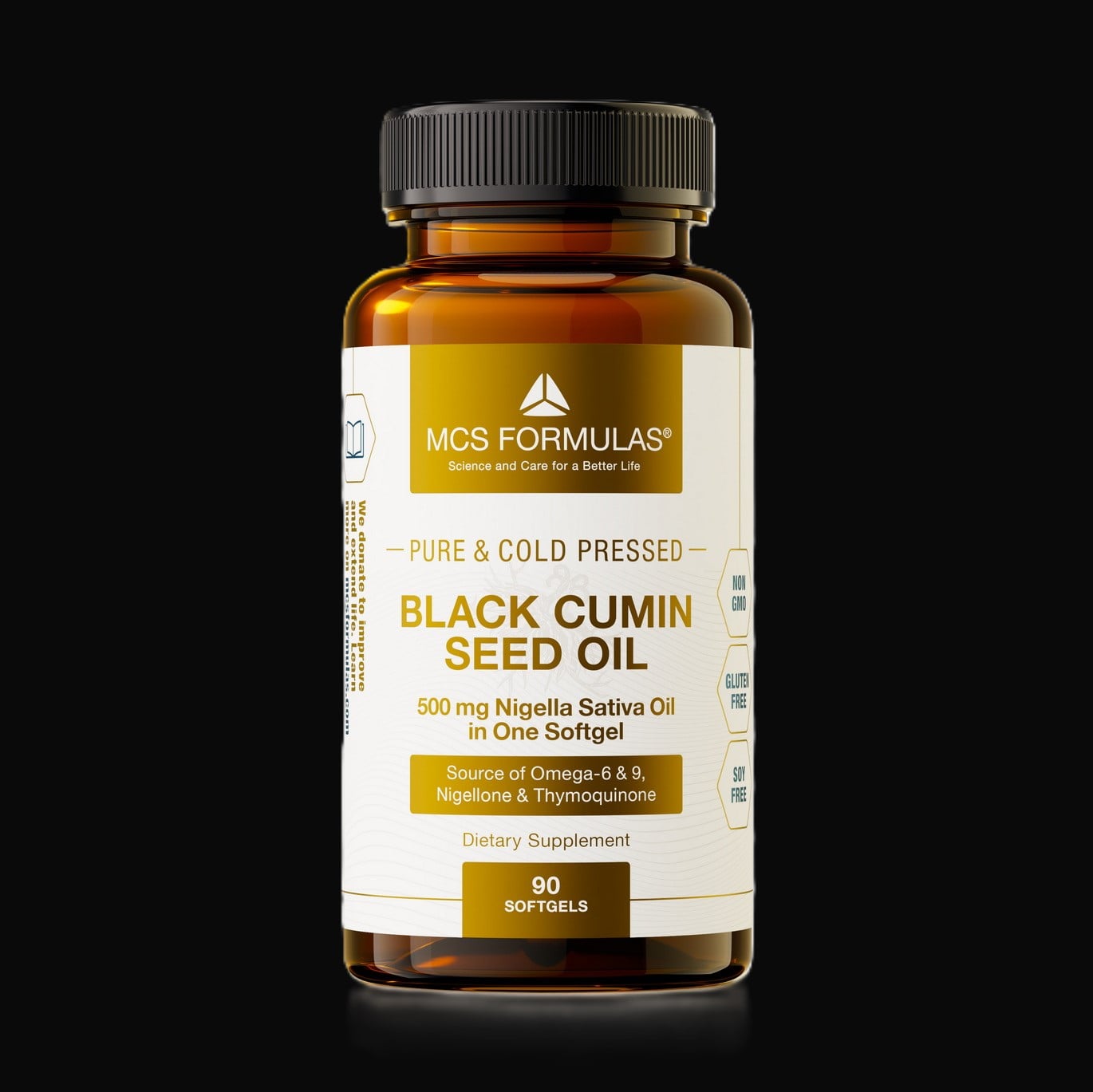 #Sort spidskommen illustreret ved pilleglas fra MCS Formulas med teksten Black Cumin Seed Oil.