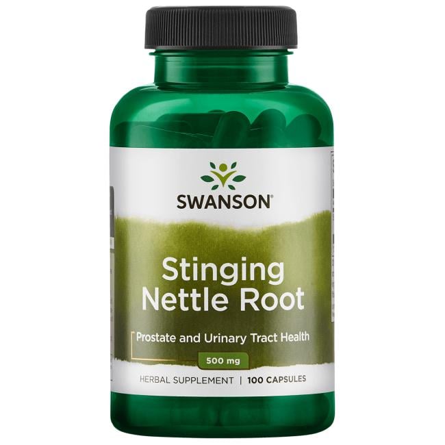 #Brændenælderod illustreret ved grønt pilleglas fra Swanson med teksten Stinging Nettle Root.