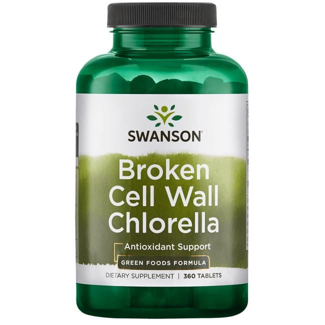 #Chlorella illustreret ved et grønt pilleglas fra Swanson med teksten Broken Cell Wall Chlorella.