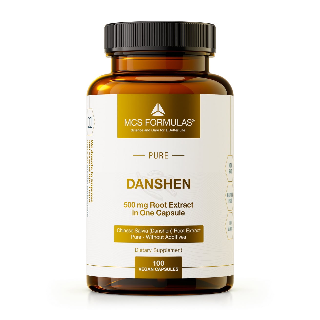 #Danshen illustreret ved brunt pilleglas fra MCS Formulas med teksten Danshen.