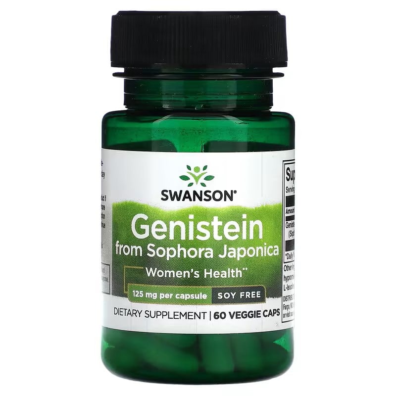 #Genistein vist ved grønt pilleglas fra Swanson med teksten Genistein from Sophora Japonica.