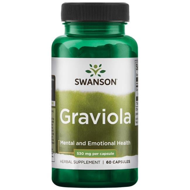 #Graviola illustreret ved grønt pilleglas fra Swanson med teksten Graviola, Mental and Emotional health.