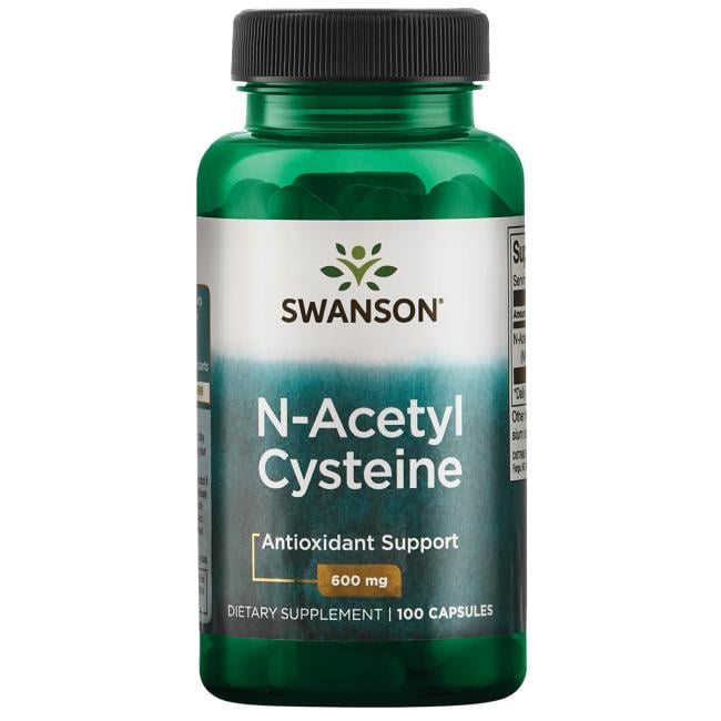 #N-Acetyl Cystein illustreret ved et grønt pilleglas fra Swanson med teksten N-Acetyl Cysteine.