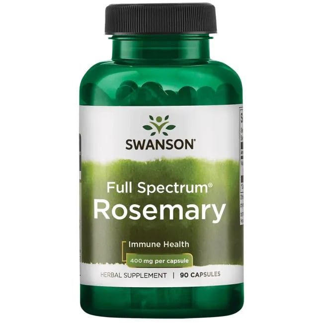 #Rosmarin symboliseret ved grønt pilleglas fra Swanson med teksten Full Spectrum Rosemary.