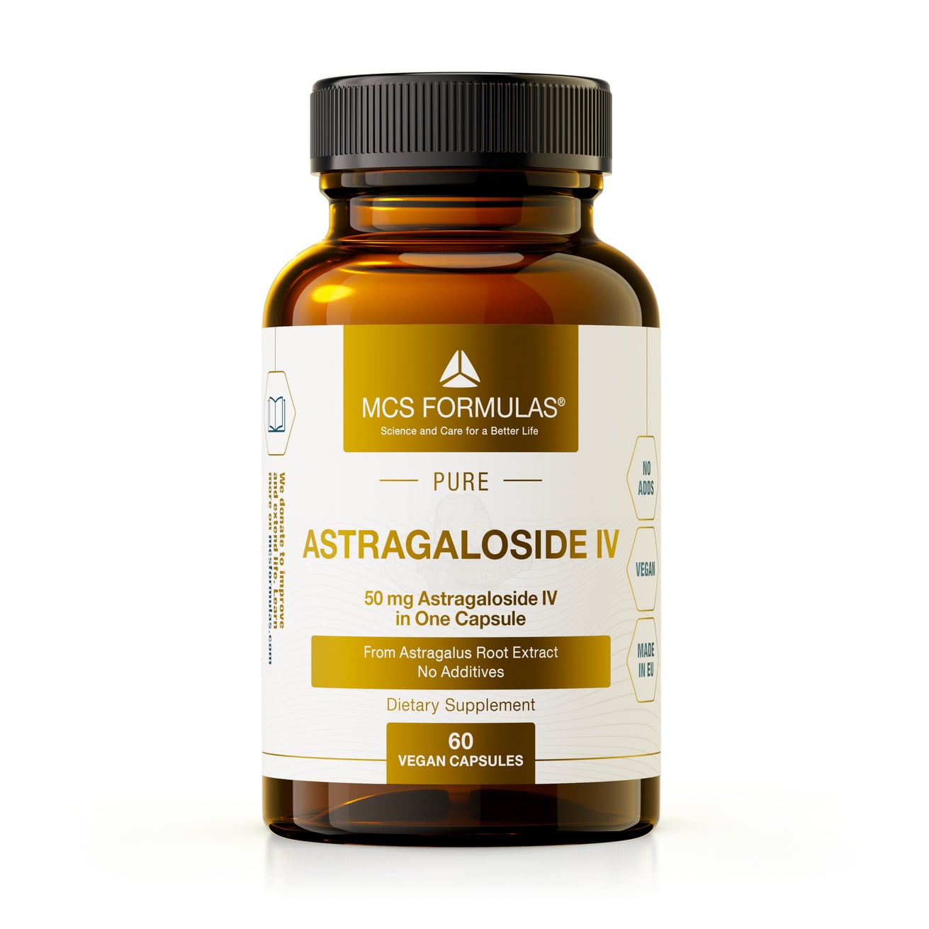 #Astragalus illustreret ved brunt pilleglas fra MCS Formulas med teksten Astragaloside IV