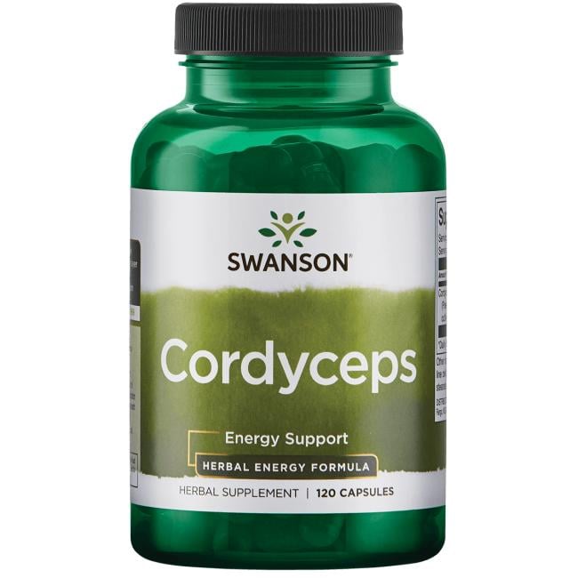 #Cordyceps illustreret ved et grønt pilleglas fra Swanson med teksten Cordyceps.