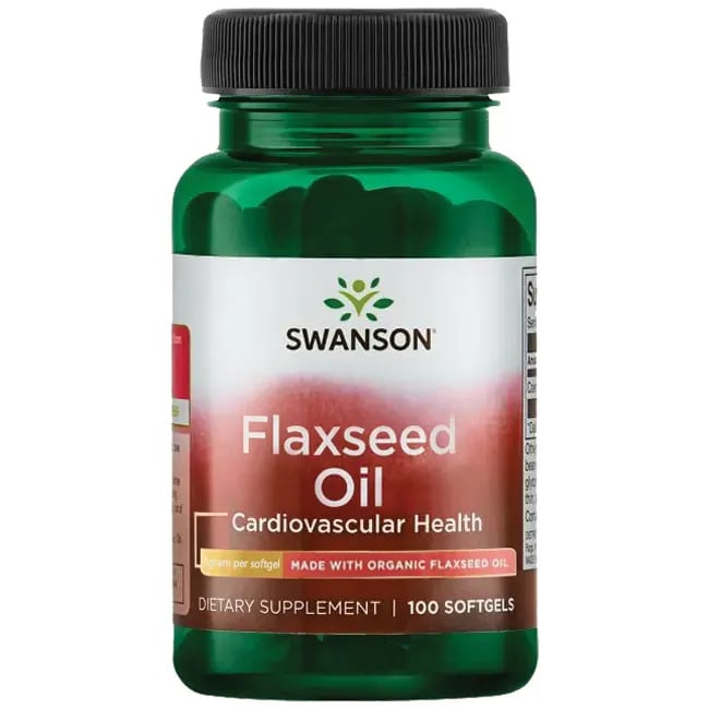 #Hørfrøolie vist ved grønt pilleglas fra Swanson med teksten Flaxseed Oil, Cardiovascular Health.