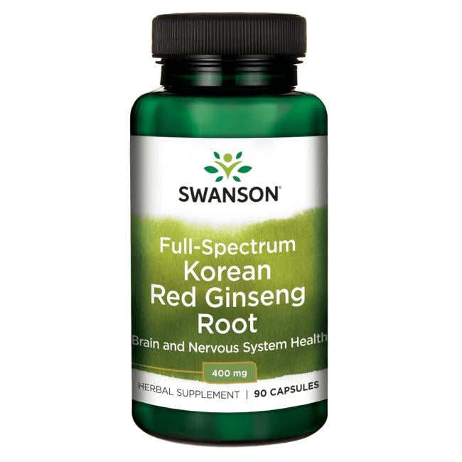 #Ginseng symboliseret ved grønt pilleglas fra Swanson med teksten Full-Spectrum Korean Red Ginseng Root.