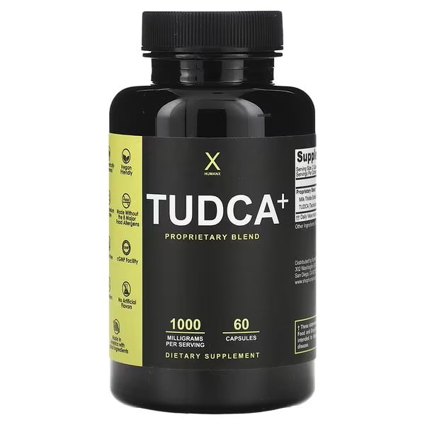 #Tudca illustreret med et foto af pilleglas med teksten Tudca Proprietary Blend.