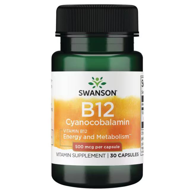 #Vitamin B12 illustreret ved et grønt pilleglas fra Swanson med teksten B12 Cyanocobalamin.