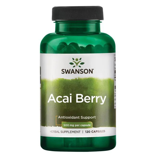 Acai bær vist som Pilleglas fra Swanson med påskriften Acai Berry