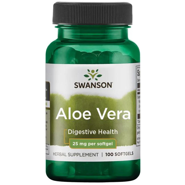 Aloe Vera illustreret ved et grønt pilleglas fra Swanson med teksten Aloe Vera, Digestive Health.