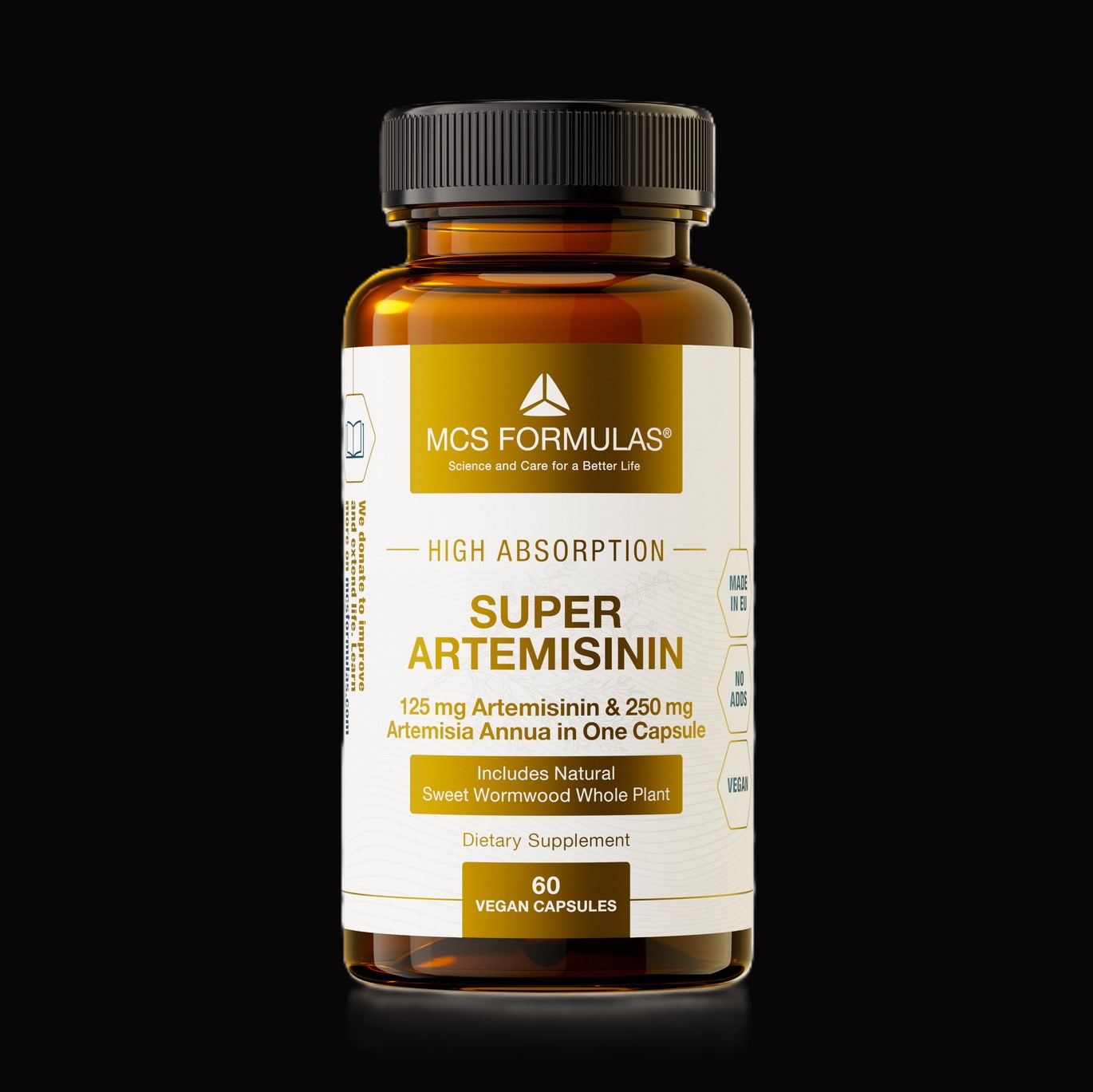 Artemisin illustreret ved brunt pilleglas fra MCS Formulas med påskriften Super Artemisinin, high absorption.