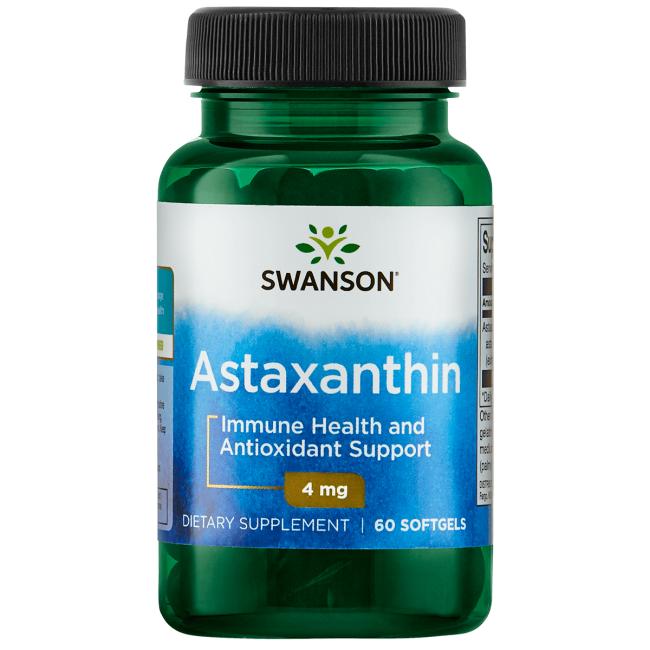 Astaxanthin illustreret ved grønt pilleglas fra Swanson med teksten Astaxanthin, Immune Health and Antioxidant Support.