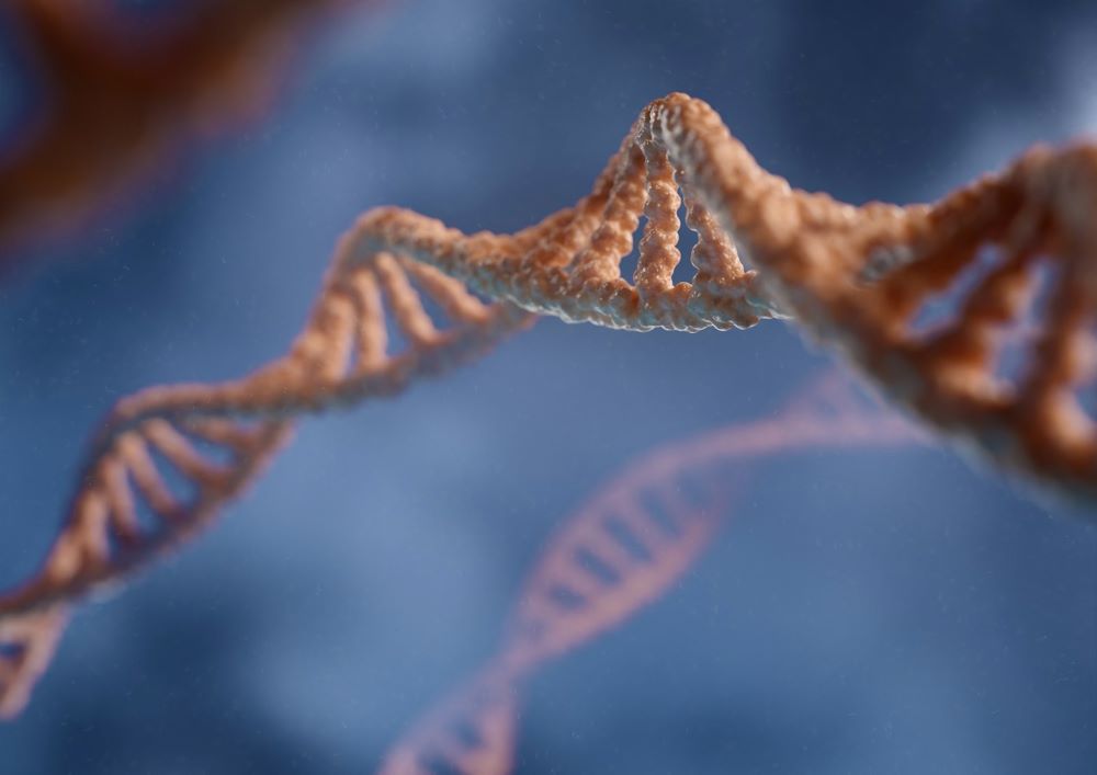 BRAF-mutation symboliseret ved rosa-beige genstreng på lysblå baggrund med uskarp genstreng i baggrunden.