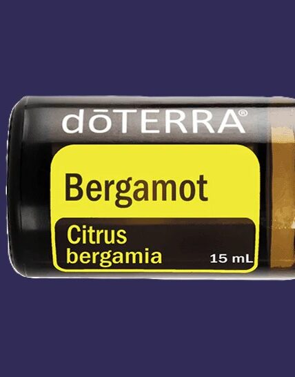 Citrus Bergamotte symboliseret ved lille brun flaske hvor man næsten kun ser etiketten med påskriften Bergamot, Citrus bergamia.