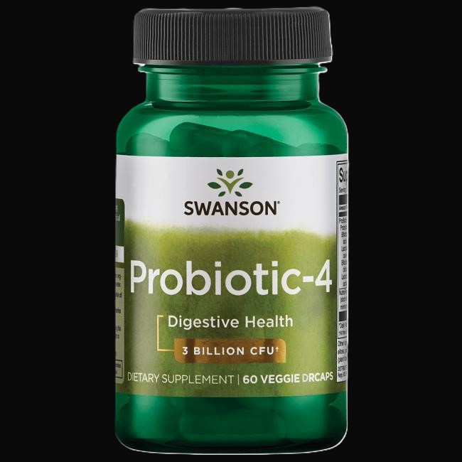 Mælkesyrebakterier, Probiotic-4 fra Swanson på grønt glas. Digestive Health.