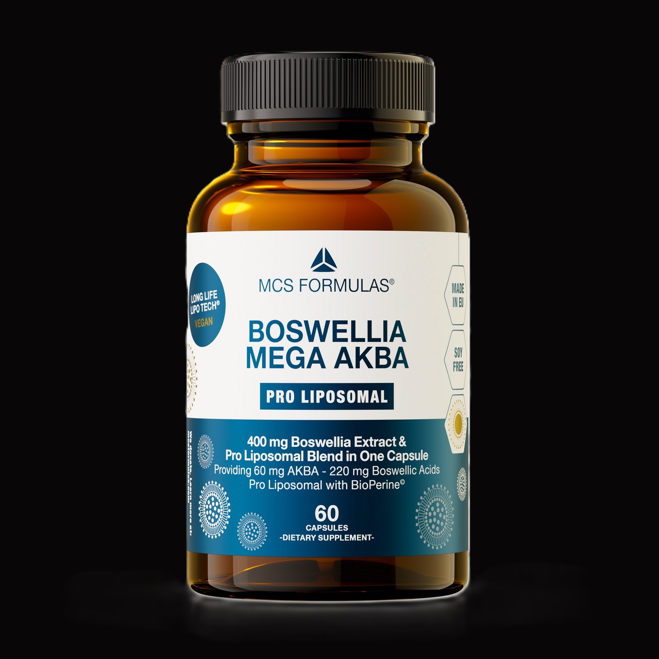 Boswellia fra MCS Formulas i brunt glas med påskriften Boswellia Mega AKBA, Pro Liposomal.