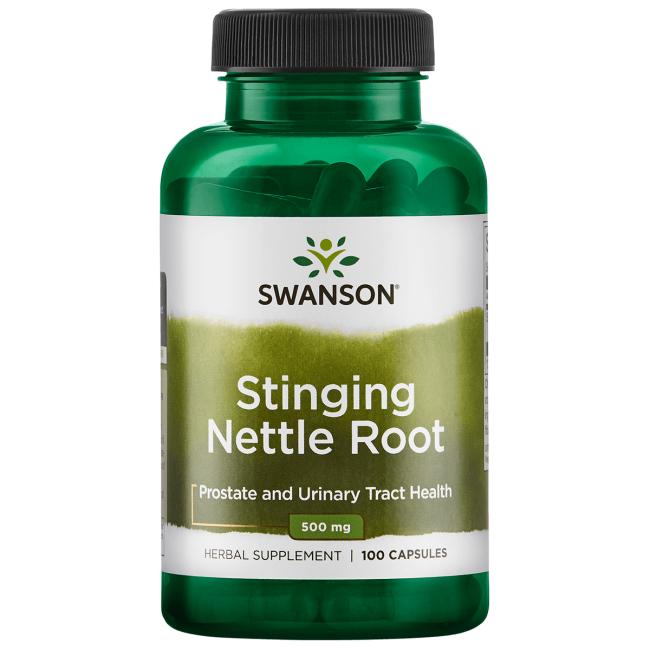 Brændenælderod illustreret ved grønt pilleglas fra Swanson med teksten Stinging Nettle Root, Prostate and Urinary Tract Health.
