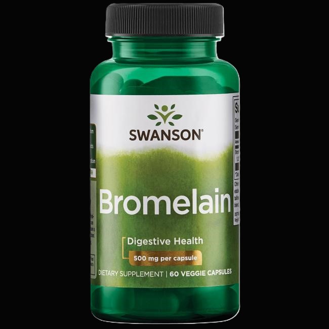 Bromelain symboliseret ved grønt pilleglas fra Swanson med påskriften Bromelain, Digestive Health.