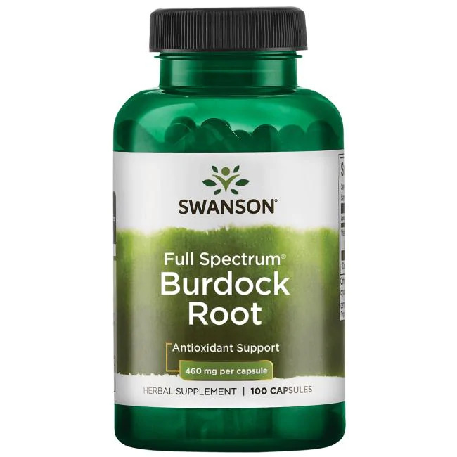 Burrerod illustreret ved grønt pilleglas fra Swanson med teksten Full Spectrum Burdock Root, Antioxidant Support.