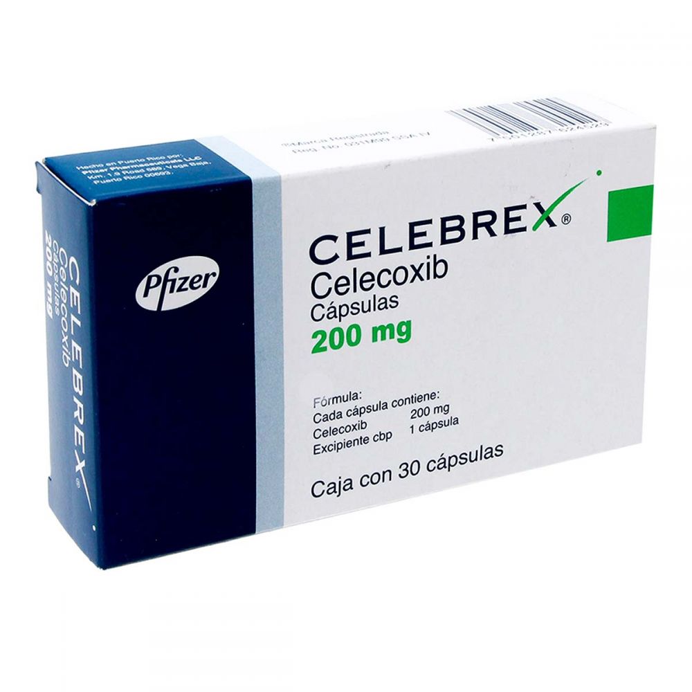 Celecoxib i papemballage. Hvid med sort skrift og blå mærkning. 200 mg. capsler.