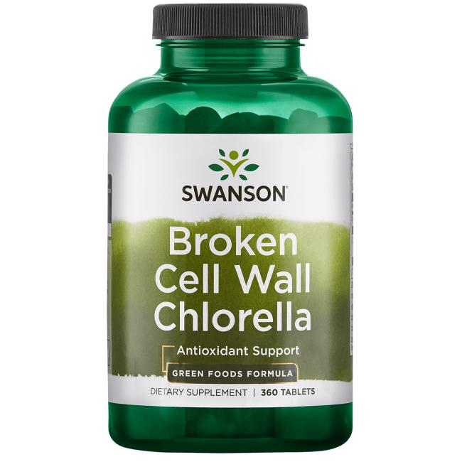 Chlorella illustreret ved et grønt pilleglas fra Swanson med teksten Broken Cell Wall Chlorella, Antioxidant Support.