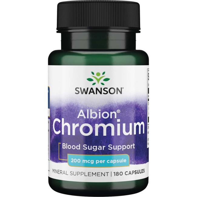 Chrome illustreret ved grønt pilleglas fra Swanson med teksten Albion Chromium, Blood Sugar Support.