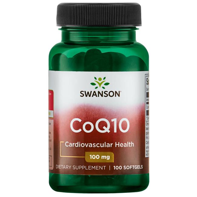 CoQ10 illustreret ved grønt pilleglas fra Swanson med teksten CoQ10, Cardiovascular Health. 100 mg.