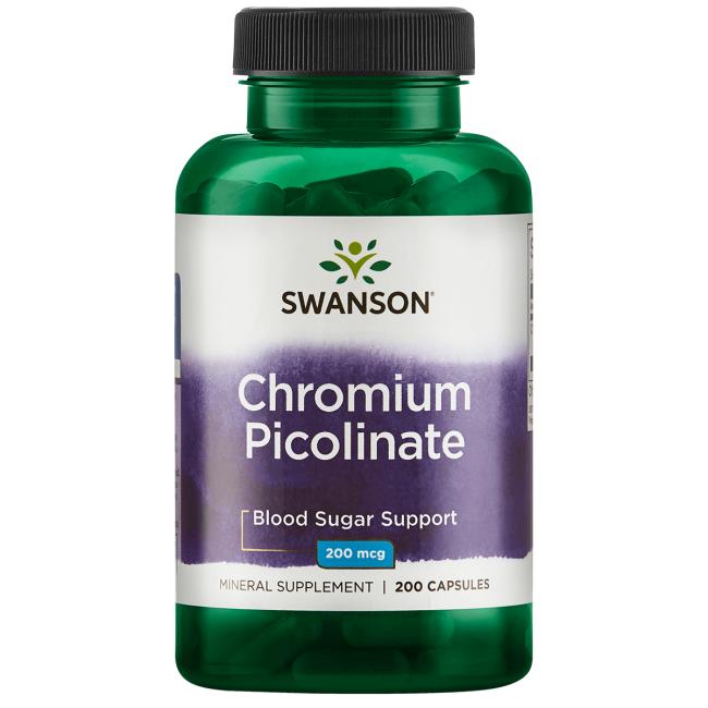 Chrome illustreret ved grønt pilleglas fra Swanson med teksten Albion Chromium, Blood Sugar Support.