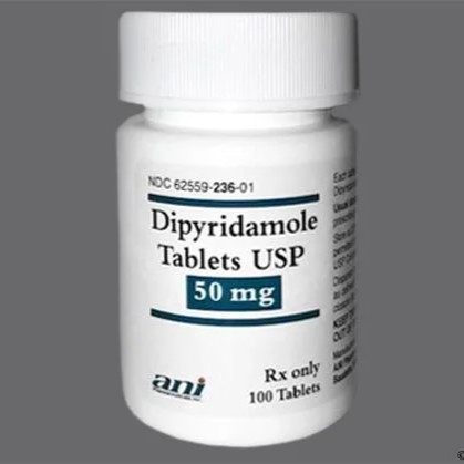 Hvid plastbøtte med Dipyridamol tabletter á 50 mg.
