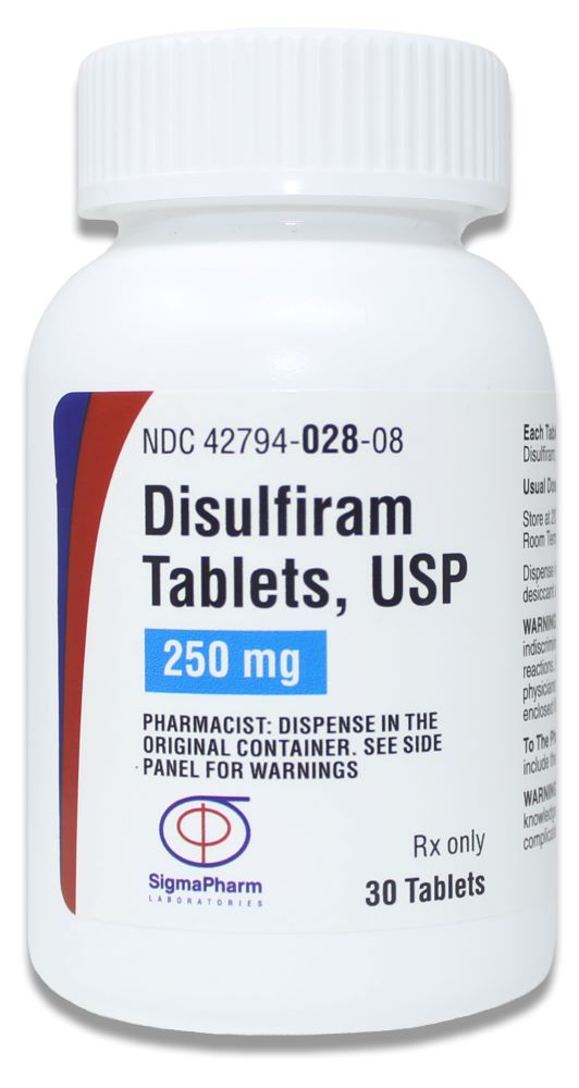 Disulfiram i hvid plastbøtte - nærbillede af etiket. 250 mg tabletter.