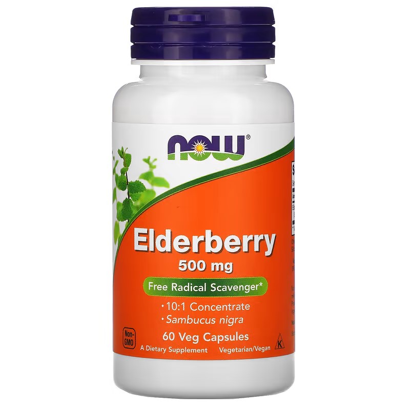 Hyldebær eller Elderberry illustreret ved pilleglas fra NOW med teksten Elderberry 500 mg.