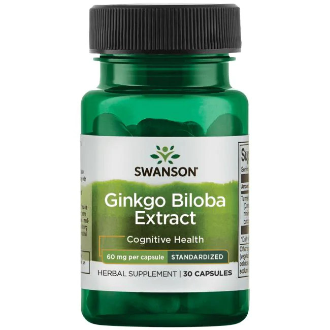 Ginkgo Biloba i grønt pilleglas fra Swanson med ekstra tekst: Cognitive Health.