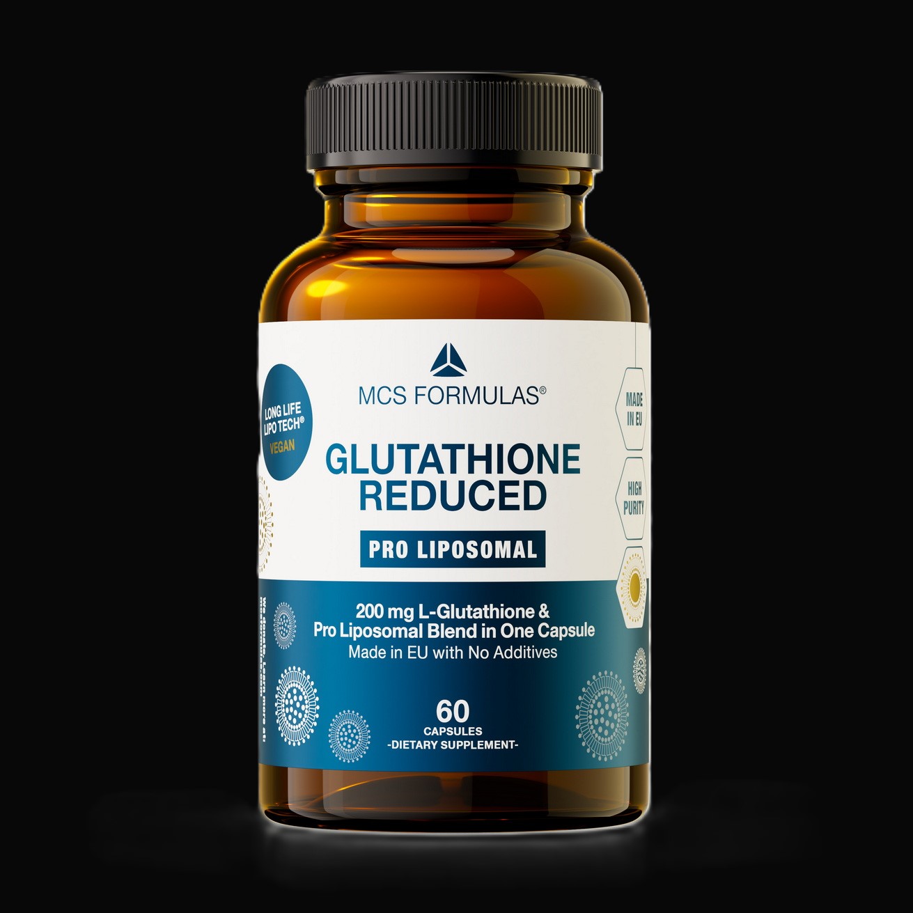 Glutathion i brunt pilleglas fra MCS Formula med teksten Glutathione Reduced Pro Liposomal