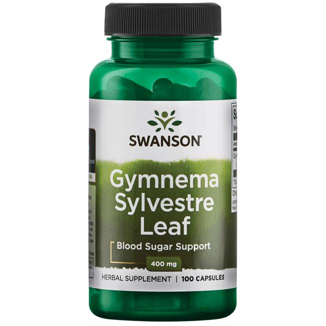 Gymnema Sylvestre illustreret ved grønt pilleglas fra Swanson med teksten Gymnema Sylvestre Leaf, Blood Sugar Support.