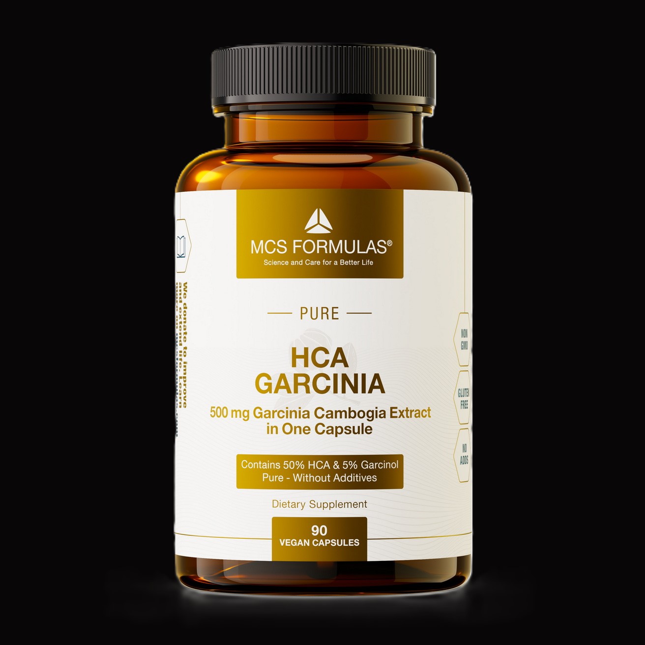 Garcinia Cambogia i brunt pilleglas fra MCS Formulas med teksten HCA Garcinin. 500 mg.
