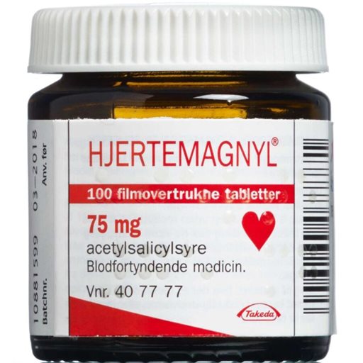 Albyl - Hjertemagnyl i brunt pilleglas med hvid etikette og rød tekst - Hjertemagnyl.