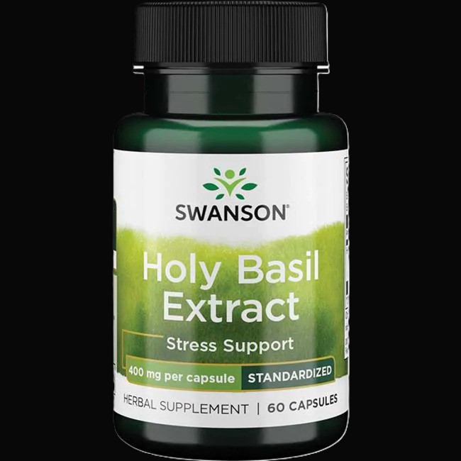 Holy Basil Extract fra Swanson i grønt glas. undertekst Stress Support.