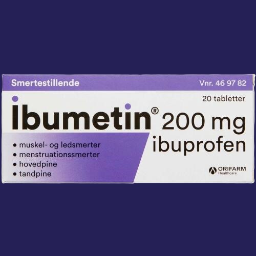 Ibumetin i hvid og lilla papemballage med sort tekst, vist som eksempel på NSAID.