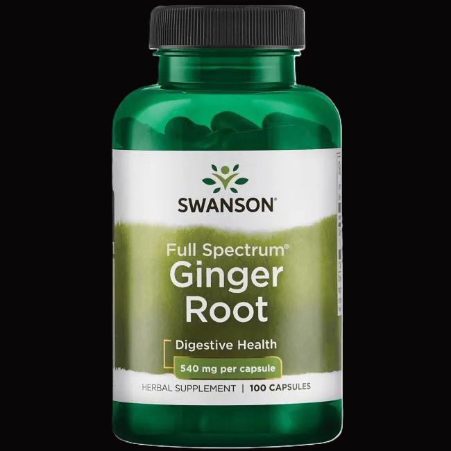 Ingefær i glas fra Swanson med teksten Ginger Root, Digestive Health.