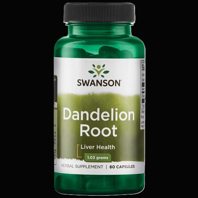 Løvetand, Mælkebøtte symboliseret ved grønt pilleglas fra Swanson med teksten Dandelion Root, Liver Health.