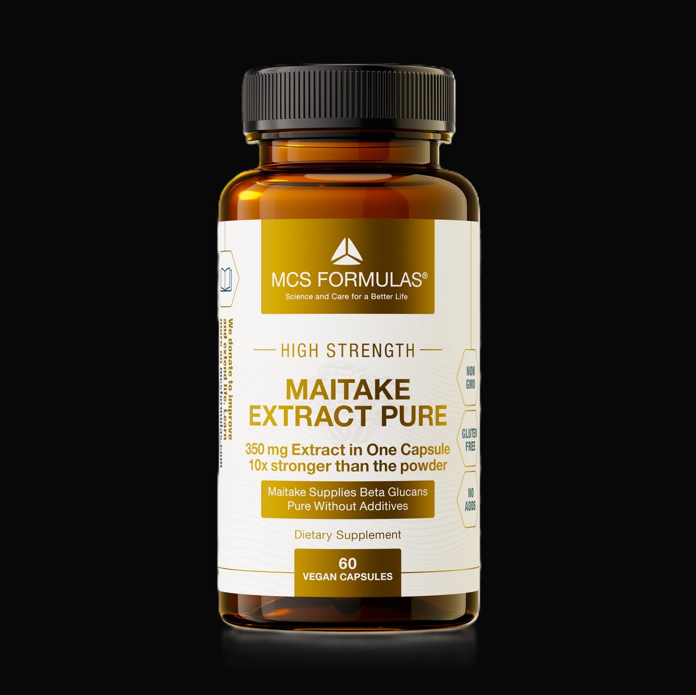 Maitake illustreret ved et pilleglas fra MCS Formulas med teksten Maitake Extract Pure.