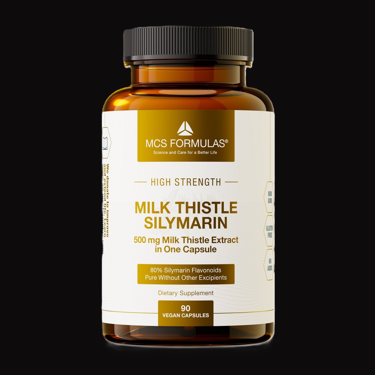 Marietidsel i brunt pilleglas fra MCS Formulas med teksten Milk Thistle Silymarin.