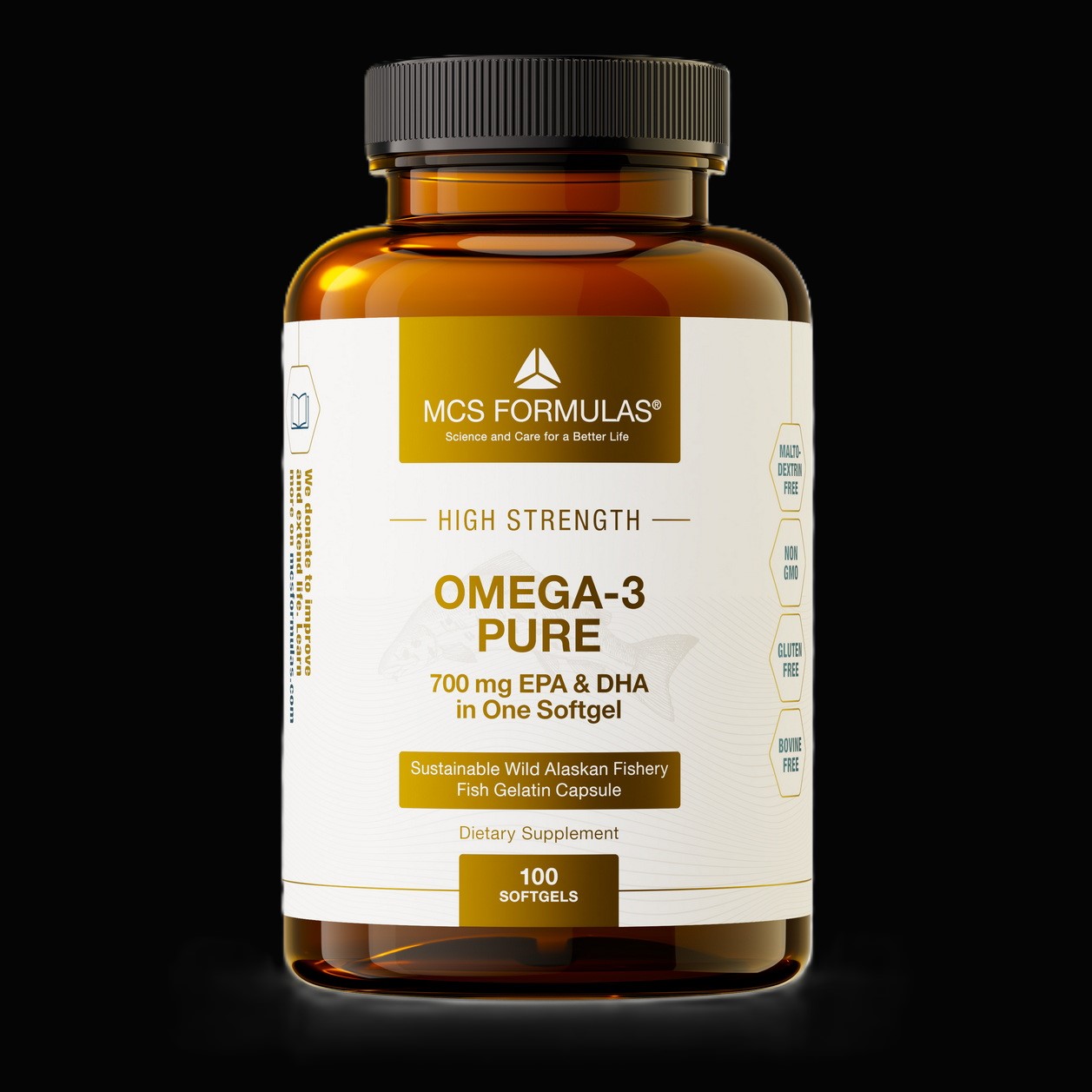 Omega-3 fiskeolie illustreret ved et brunt pilleglas fra MCS Formulas med påskriften Omega-3, Pure.