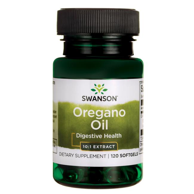 Oregano-olie illustreret ved et grøn pilleglas fra Swanson med påskriften Oregano Oil. Digestive health.
