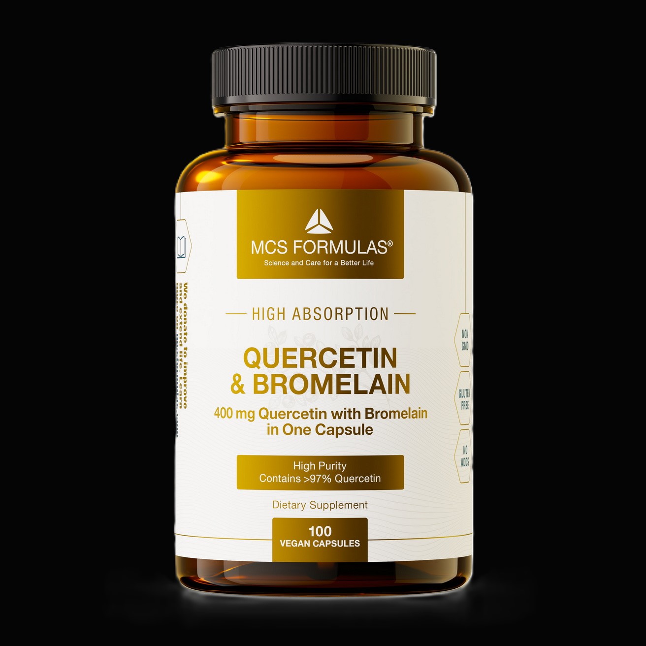 Quercetin illustreret ved et brunt pilleglas fra MCS Formulas med påskriften Quercetin & Bromelain.