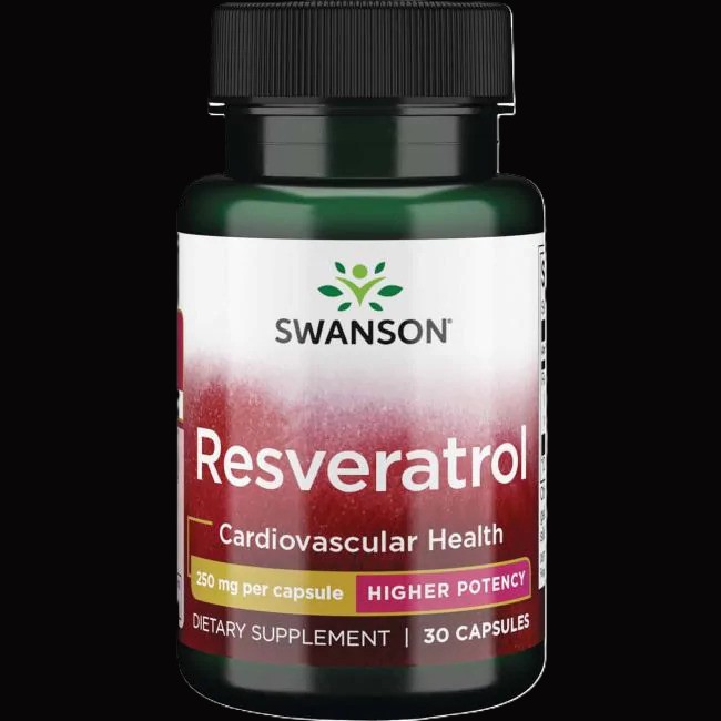Resveratrol illustreret ved grønt pilleglas fra Swanson med påskriften Resveratrol, Caridovascular Health.